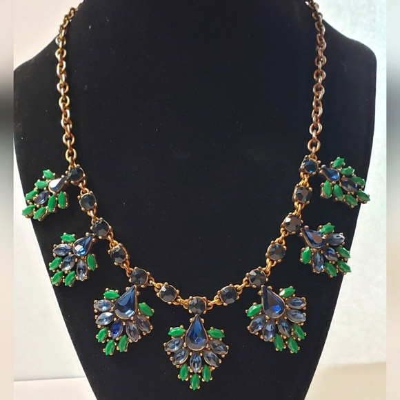 Signed J. Crew Blue/Green Rhinestone Flower Necklace - Picture 3 of 12